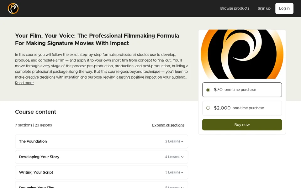 Course preview: the Professional Filmmaking with Impact course page on Teachable, showing 7 sections and 23 lessons, starting with The Foundation, Developing Your Story, and Writing Your Script