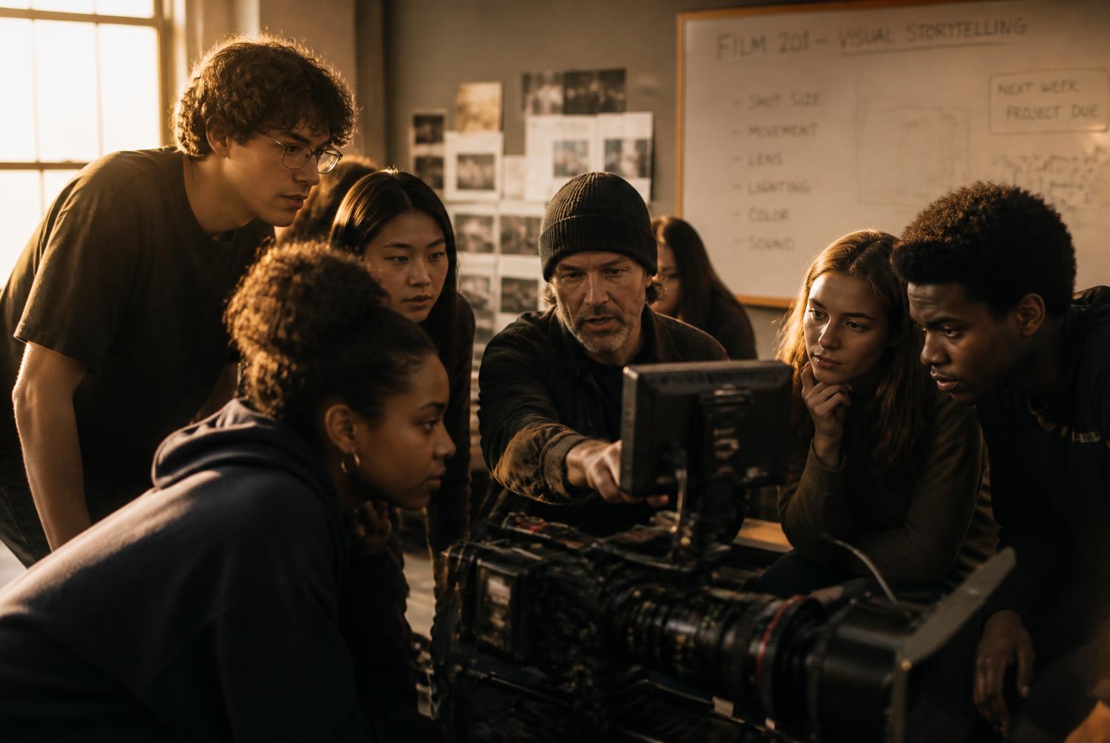 College film students gathered around a camera and monitor with their instructor