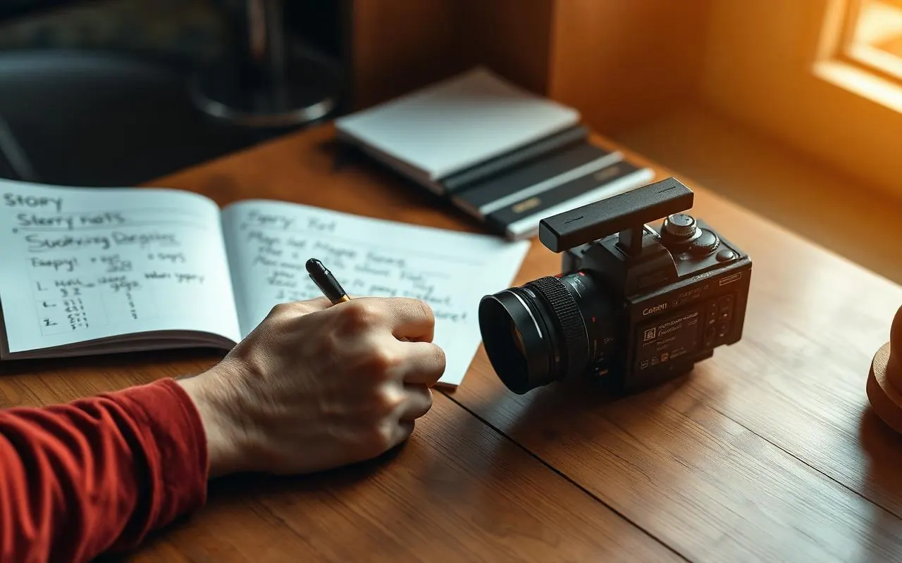 A filmmaker writing story notes in a notebook next to a compact cinema camera
