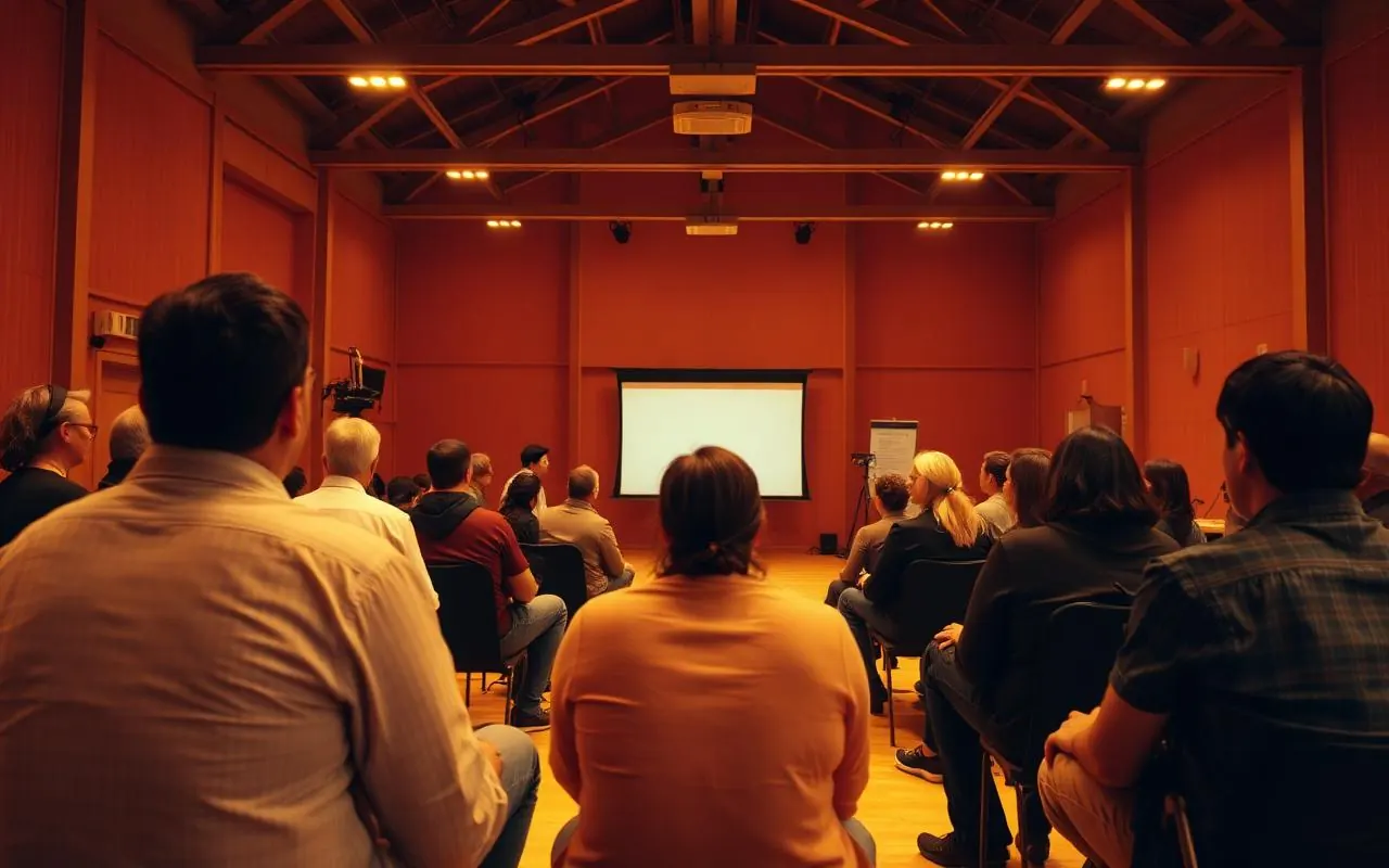 A group seated in a warmly lit hall watching a presentation on a projection screen