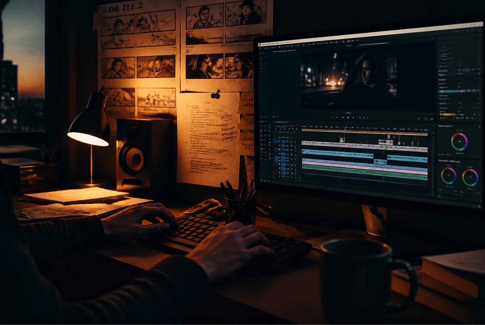 An editor at work in a warmly lit edit suite with storyboards on the wall